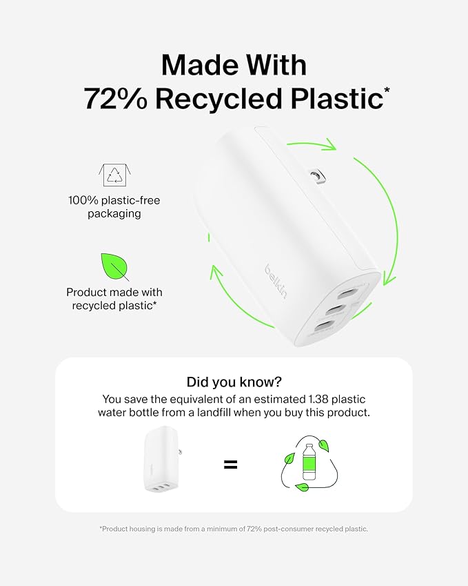 Belkin 3-Port USB C Charger Block 67W - PPS USB-C PD3.1 PPS Super Fast Charging - Samsung Galaxy S25, Apple iPhone 17, Air, Pro, MacBook, AirPods, Apple Watch, Nintendo Switch 2 & More - White, 2-Pack