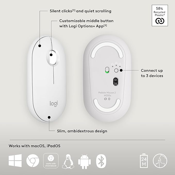 Logitech Pebble Mouse 2 M350s Slim Bluetooth Wireless Mouse, Portable, Lightweight, Customizable Button, Quiet Clicks, Easy-Switch for Windows, macOS, iPadOS, Android, Chrome OS - Tonal White