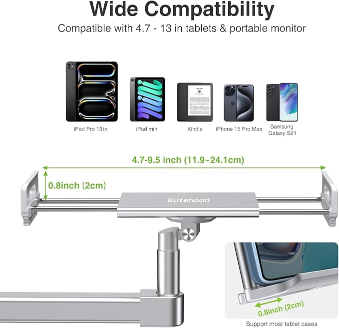 elitehood iPad Holder Stand for Desk & Bed, 28-inch Tablet Arm Mount with Clamp, Easy Adjustable Aluminum iPad Desk Mount for Office Home, Compatible with 4/7-13in Tablets and Cell Phones, Sliver