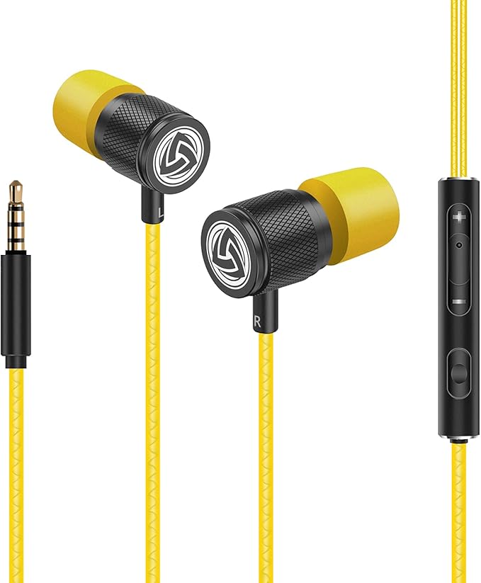 LUDOS Ultra Wired Earbuds in-Ear Headphones, 5 Years Warranty, Earphones with Microphone, Noise Isolating Ear Buds, Memory Foam for iPhone, Samsung, School Students, Kids, Women, Small Ears - Yellow