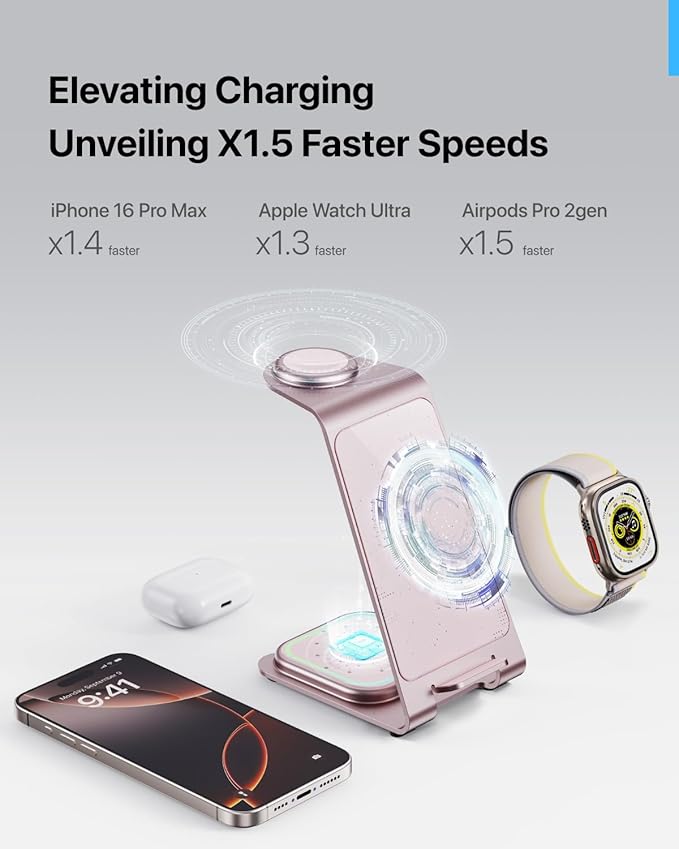 Intoval 3 in 1 Wireless Charging Station for iPhone 17 16 15 14 13 12 11 X Pro Max, Wireless Charger for Apple Watch Ultra 3 SE 9 8 7 6 5 4 3 2, for AirPods 4 Pro Pro 2 3 (Y93, Pink)