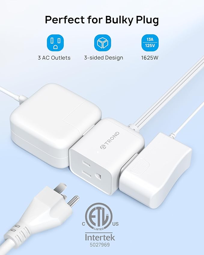 TROND Flat Extension Cord 10ft with 360° Rotating Plug, Low Profile Small Power Strip, 3 Prong Grounded Outlets Cube, 13A, SPT 16/3 AWG Cable, for Indoor Home Office Kitchen Cruise Essentials, White