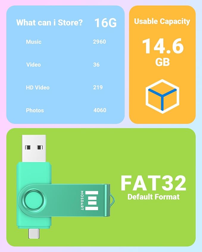 MOSDART 16GB Dual USB C Flash Drive, Type C and USB A 2.0 Thumb Drive, FAT32 Memory Stick for iPhone 15 and 16, Android Phone, iPad, MacBook and Laptops, Vibrant Colors (Pack of 5)