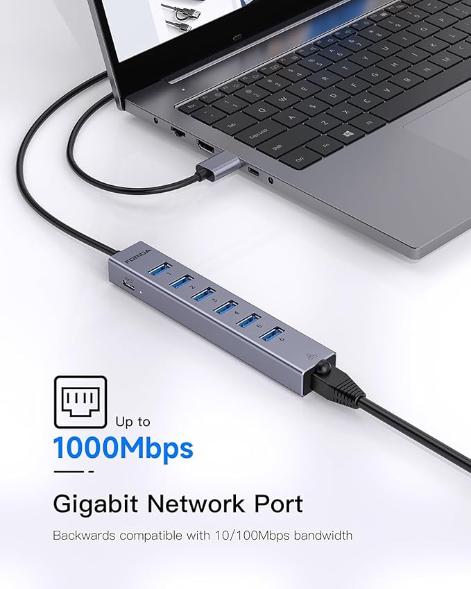 7 Port USB Hub USB Ethernet HUB with 3.9ft Long Cable for Laptop, USB Splitter with Gigabit Network Port and 5V/3A Power Port, Aluminum MultiPort Expander for Laptop, iMac, PC, Flash Drives