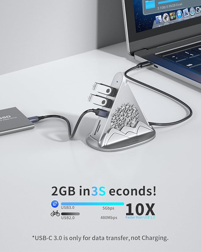 USB C Hub, 8-in-1 Vertical USBC to HDMI Tower Hub for MacBook, iPhone16, iMac, iPad, Surface, XPS, etc. (4K@30Hz HDMI Adapter, 5Gbps USB-Ax3 & USB-Cx1, SD/TF Card Reader, 100W PD, Silver)