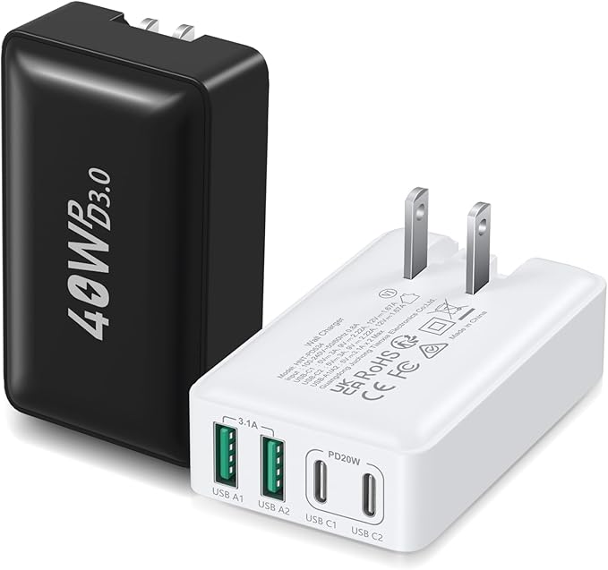 USB C Wall Charger 40W, Excgood 4-Port Flat USB C Charging Block Dual PD+QC Slim Fast Foldable Wall Plug Travel Compatible for iPhone 16 15 Pro Max 14 13 iPad Watch Galaxy S24 Pixel,2Pack Black White