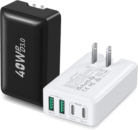 USB C Wall Charger 40W, Excgood 4-Port Flat USB C Charging Block Dual PD+QC Slim Fast Foldable Wall Plug Travel Compatible for iPhone 16 15 Pro Max 14 13 iPad Watch Galaxy S24 Pixel,2Pack Black White