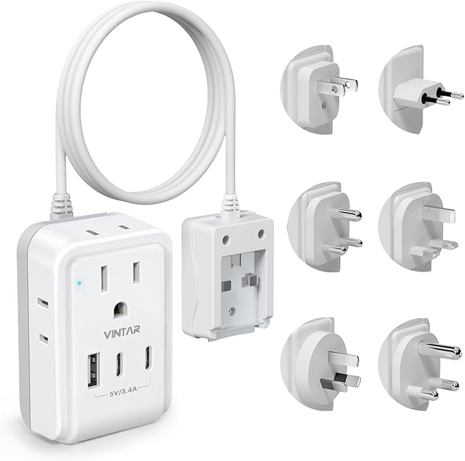 VINTAR Universal Travel Adapter Kit, 3ft Detachable Extension Cord with 4 AC Outlets & 3 USB(2 USB C), Type A/C/G/D/I/M International Power Adaptor for US to Europe UK India South Africa Japan