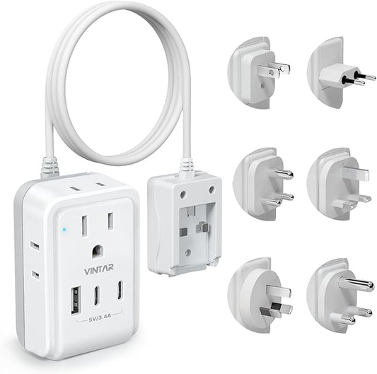 VINTAR Universal Travel Adapter Kit, 3ft Detachable Extension Cord with 4 AC Outlets & 3 USB(2 USB C), Type A/C/G/D/I/M International Power Adaptor for US to Europe UK India South Africa Japan