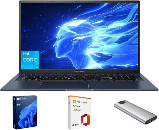 ASUS Vivobook Laptop,17.3" FHD Anti-Glare Display, Core i3-1215U (up to 4.4GHz), 16GB RAM, 512GB SSD + 128GB Portable SSD, WiFi 6E, Webcam, Keypad, Copilot, with 2019 Lifetime Office, Win 11 Pro