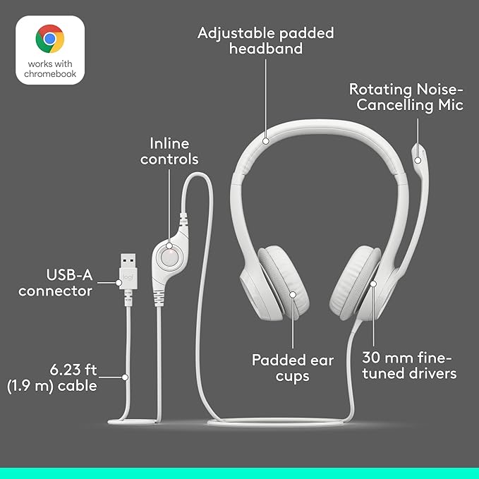 Logitech H390 Gaming Headphones, Wired Headphones with Mic, USB Headset with Microphone for PC, Noise Cancelling Microphone for Video Meetings, Music, Gaming - Off White