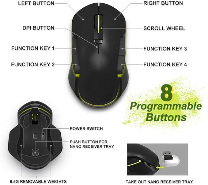 2.4G Wireless/Wired Gaming Mouse Portable Ergonomic Game Mice with USB Receiver, 16000 DPI Optical Sensor, 8 Programmable Buttons for Laptop, Notebook, PC Computer, MacBook