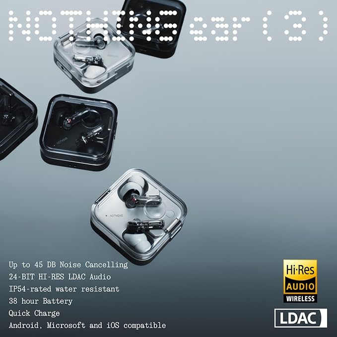 Nothing Ear (3) Wireless Earbuds Super Mic 45dB Hybrid Active Noise Cancelling Bluetooth Headphones Hi-Res 6 Mics, 12mm Dynamic Bass Boost, Dual Connect ANC Sport Ear Buds for iPhone Android, White