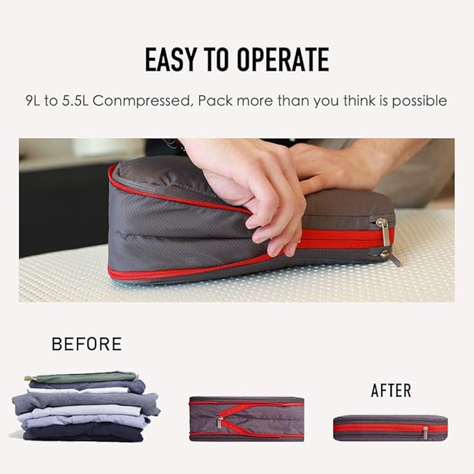 Bee Nesting BeeNesting Waterproof Compression Packing Cubes 5/6/8 sets, Large Travel Packing organizers for Carry on Luggage, 2 Sides Expandable Storage Bags (Grey Red, G5set)