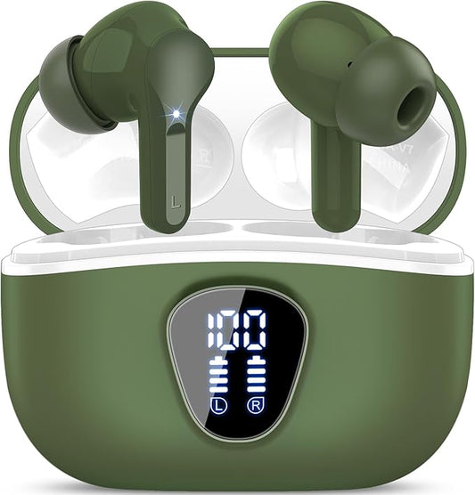 Wireless Earbuds, Bluetooth 5.4 Headphones HiFi Stereo, Bluetooth Earbuds with ENC Noise Cancelling Mic, IP7 Waterproof in Ear Earphones, 48H, LED Display Ear buds for Pad Phones Workout Sports, Green