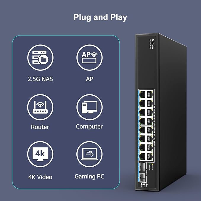 16 Port 2.5G PoE Switch Unmanaged with 2X 10Gbps SFP, VIMIN 16x 2.5G Base-T PoE Ports, 10G SFP PoE Switch w/ 120Gbps Ethernet Switching Capacity, IEEE802.3af/at, 250W, VLAN, Metal Housing, Fanless