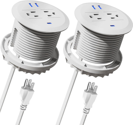 2PCS 3 Inch Desktop Power Grommet,20W USB C Fast Charging Station,3-USB Port,Flush Mount,6.5 ft Power Cord.Round Recessed Power Strip,Desk Hole Grommet Outlet for Workspace,White
