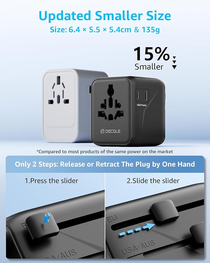 Universal Travel Adapter, International Travel Plug Adapter with 2 USB-C ＆ 2 USB-A Ports, with Extra 2 Prong AC Outlet All in One Portable Socket, for USA, UK, EU, AU ＆ 224+ Countries (Black)