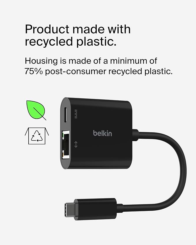 Belkin Connect USB-C to Ethernet + Charge Adapter 100W w/Gigabit Ethernet Port and USB-C Port - 10/100/1000 Mbps for Fast Internet Connection - Compatible with iPhone 17, Samsung Galaxy S25, & More