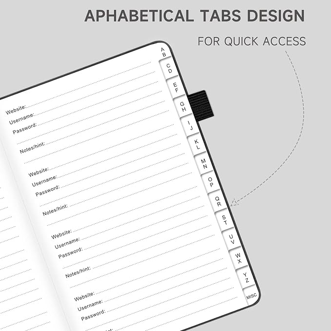 Password Book with Alphabetical Tabs – Hardcover Internet Address & Password Organizer – Password Keeper Notebook for Computer & Website – 5.2 x 7.6" Log-in Password Journal w/Thick Paper (Black)