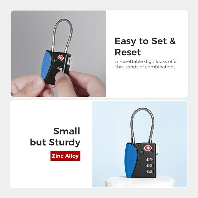 pack all TSA Approved Cable Luggage Locks, 3 Digit Combination Padlocks, Travel Lock for Suitcases & Bag, Alloy Body, Travel Accessories (1 Pack)（Navy）
