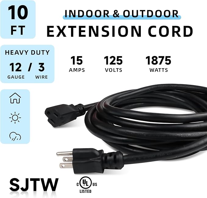 EP 10 Ft Outdoor Extension Cord - 12/3 SJTW Heavy Duty Black Extension Cable with 3 Prong Grounded Plug - Power Cord for Lawn, Garden, Appliances