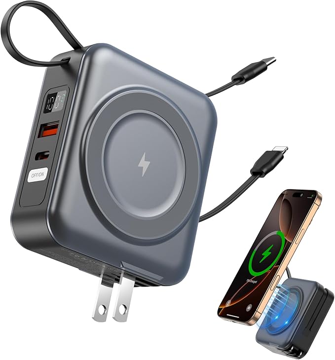 for Magsafe Portable Charger with AC Wall Plug, 6-in-1 Magnetic Wireless Power Bank 10000mAh Built-in Cables, 22.5W Type-C in&Out Fast Charging Battery Pack for iPhone 16/15/14/13/12 Series, Gray