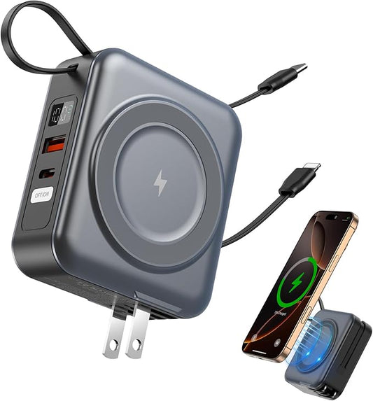 for Magsafe Portable Charger with AC Wall Plug, 6-in-1 Magnetic Wireless Power Bank 10000mAh Built-in Cables, 22.5W Type-C in&Out Fast Charging Battery Pack for iPhone 16/15/14/13/12 Series, Gray