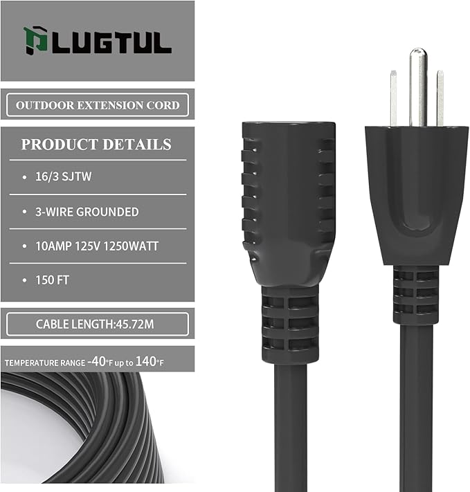 150 FT Outdoor Extension Cord Waterproof, 16/3 Black Heavy Duty 3 Prong Extension Cord, 10A 1250W SJTW, ETL Listed, Great for Garden and Home