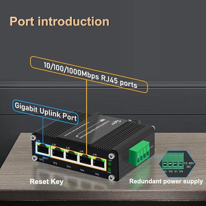 Htfoevrxs 5Port Industrial Mini Gigabit Ethernet Switch with Smart Web Management, QoS,Vlan 12-48V Wide Voltage Input, Compact and Durable Design for Reliable Networking