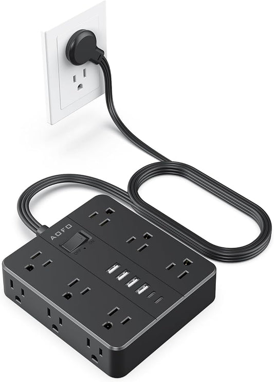 Flat Plug Power Strip, AOFO 5 Ft Extension Cord with 12 Outlets & 6 USB Ports (4 USB-A, 2 USB-C), Surge Protector, Ideal for Home, Office, Dorm, Large Spaces, Reliable and Safe, Black
