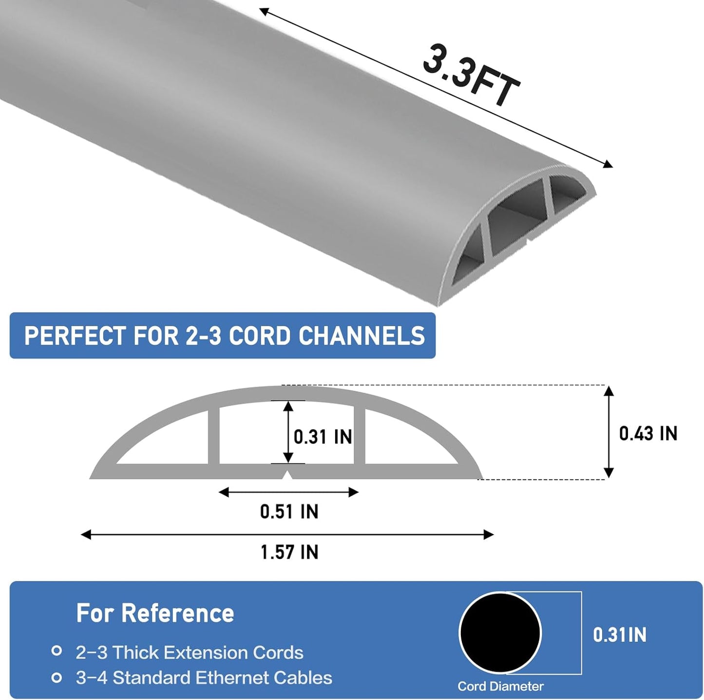 Floor Cord Cover Self Adhesive Cord Hider Floor Extension Cord Covers for Floor Power Cord Protector Cable Management Prevent Cable Trips Cable Cavity 0.51" W x 0.31" H (Grey, 3.3Ft)