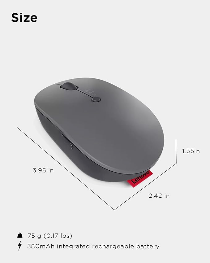 Lenovo Go Multi-Device Wireless Mouse, 2.4GHz Nano USB-C Receiver, Bluetooth, Adjustable DPI, USB-C Rechargeable Battery, Qi Wireless Charging, Ambidextrous, GY51C21211, Grey