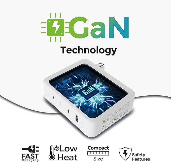 IOGEAR GearPower 145W Multiport Charger, GaN, 4 Port, USB-C Cable, iPhone 16, MacBook Pro/Air, iPad Pro, Google Pixel, Travel Wall Charger, Cable Included, GPAWC145W