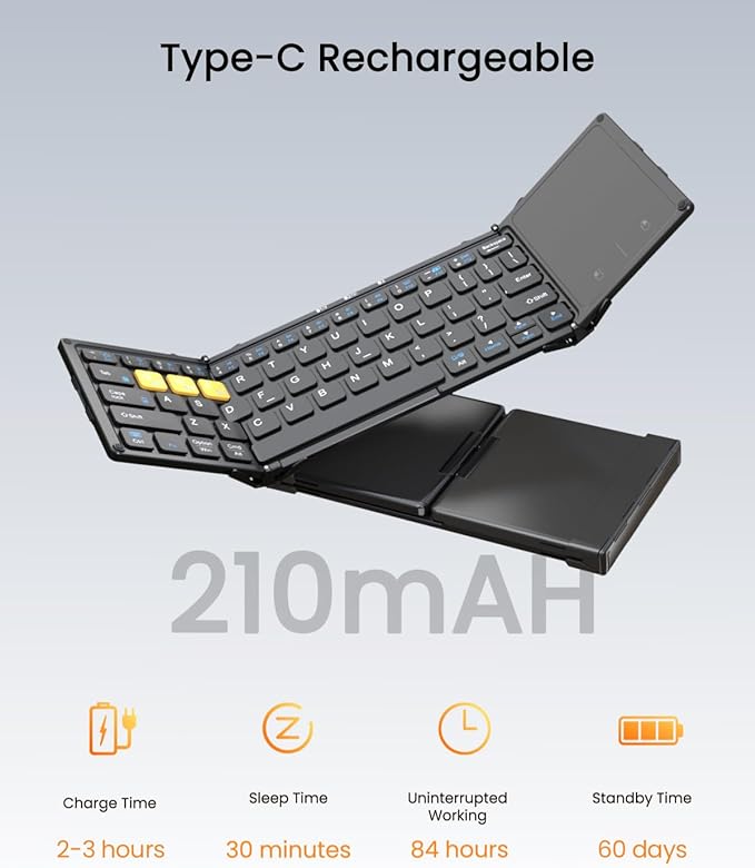 Foldable Bluetooth Keyboard, Wireless Portable Keyboard with Larger Touchpad, Pocket-Sized Folding Travel Keyboard for MacOS Android Windows iOS, Sync Up to 3 Devices (BT5.1 x 3)