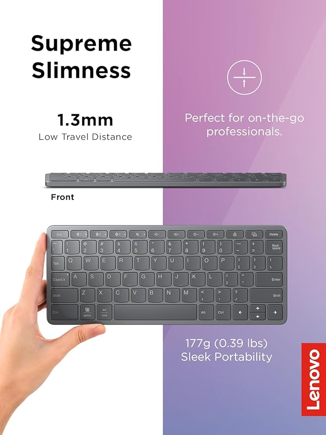 Lenovo Multi-Device Wireless Bluetooth Keyboard, Connect Up to 3 Devices Simultaneously, Compatible with iOS, Android, Windows, Slim Profile, Rechargeable, 60-Hour Battery Life, Iron Grey