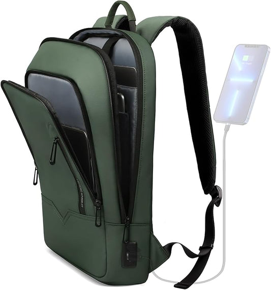 hk Backpack for Men Business Slim Backpack with USB Charger Computer Lightweight Anti-theft Travel (Green, 15.6 Inch)