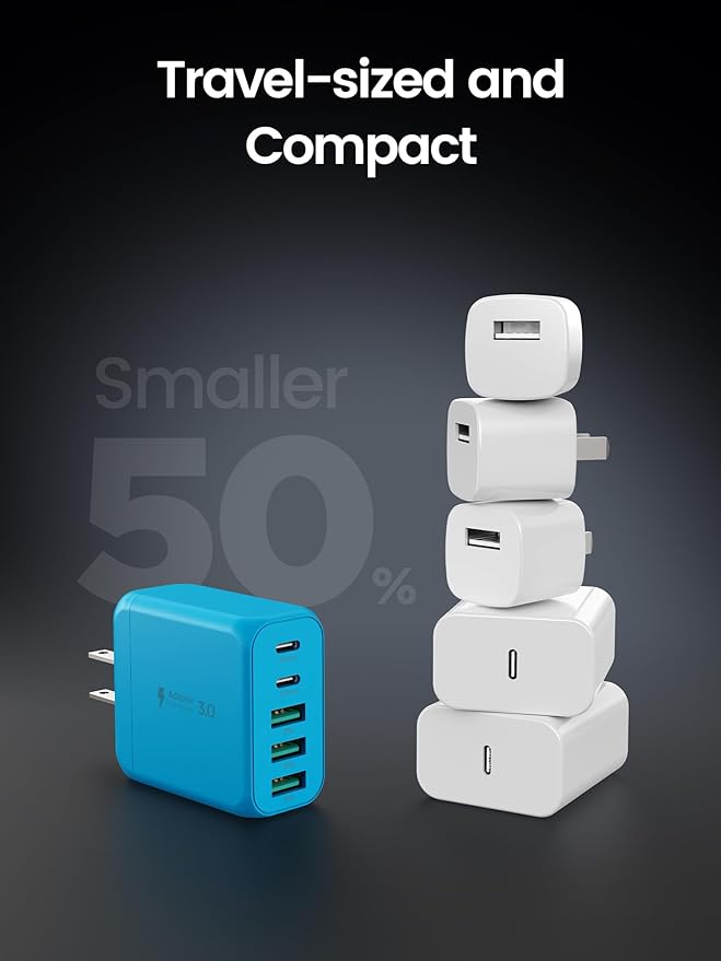 USB C Charger Block, [2-Pack] Type C Charger Fast Charging,50W 5-Port USB Wall Charger Multiport Type C Charging Block Cube for iPhone 17/16/15/14/13/12/11 Pro Max XS,iPad,Samsung&More-Blue