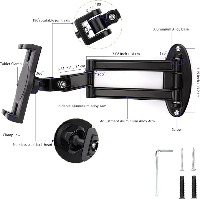Foldable iPad Wall Mount Holder,Aluminium Extendable Tablet Wall Mount for 7~12.9 inch Tablets iPad/Nexus/LG G Pads/e-Reader/Switch,Adjustable Extension Articulating Arm Swivels Mount