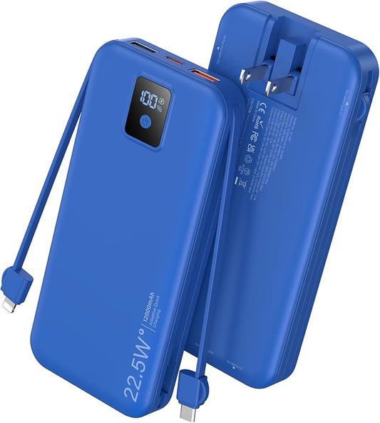 Portable Charger, 12000mAh 22.5W Fast Charging Power Bank with Built-in Cables & Wall Plug, Travel Essential Battery Pack with LED Display, USB C Battery Phone Charger for iPhone, iPad, Samsung Navy