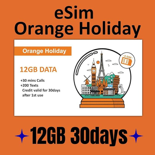 Orange Holiday Europe Prepaid eSIM 12GB Internet Data | 30 Days-Use | Data tethering Allowed | 30min & 200 SMS from Europe to Any Country Worldwide