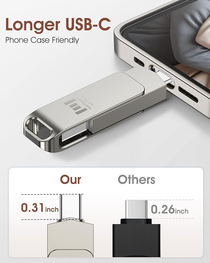 MOSDART 64GB USB3.1 Fast Speed C and A Dual Flash Drive, exFAT Memory Stick with Keychain Loop, for iPhone 15 and 16, Android Phone, iPad, MacBook, Silver