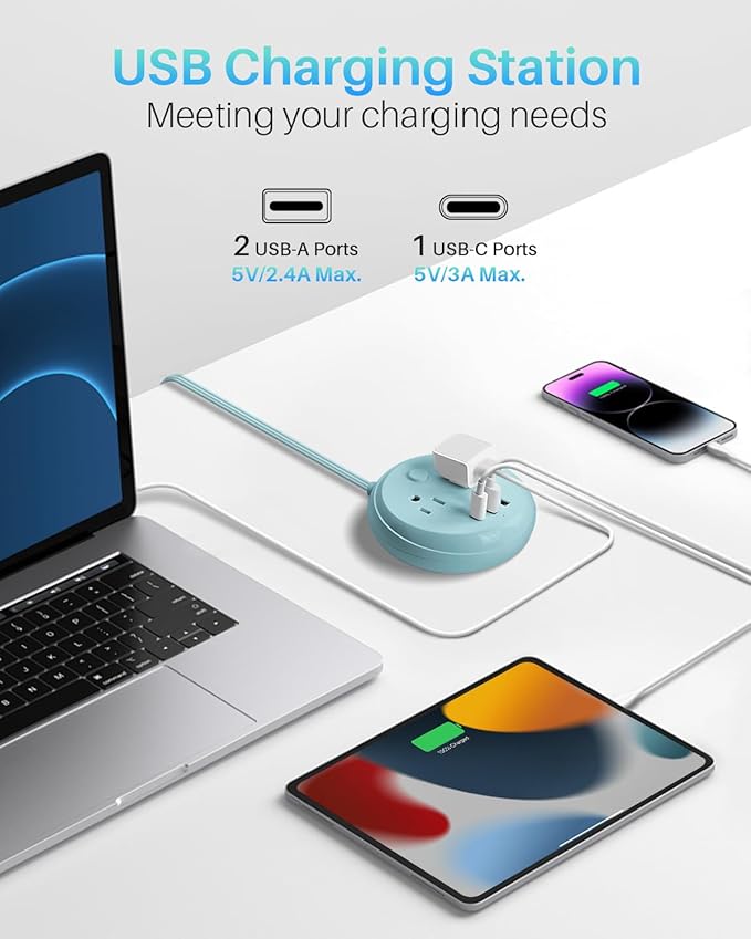 Flat Plug Power Strip with USB C Ports, KOOSLA Travel Extension Cord No Surge Protection - 2 Outlets 3 USB Ports(1250W) - Cruise Essentials for Cruise Ship, Home, Office, Dorm Room, 5ft