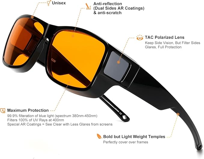 CAXMAN 99.9% Blue Light Glasses Sleep Glasses Orange Tinted Lens for Good Sleep Fit Over Glasses Fully Covered Your Eyes