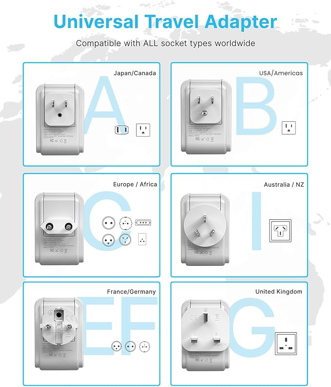 VINTAR Universal Travel Adapter Kit, International Power Adapter with 4 AC & 3 USB Ports(2 USB C), Type A,B,C,E/F,G,I, Swap Adapt Attachments, Travel Adapter Worldwide for Europe/UK/Aus/Japan/Africa
