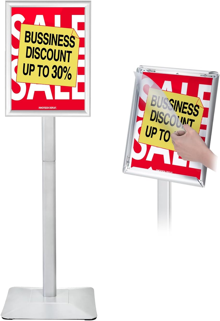 Heavy Duty Adjustable Pedestal Poster Sign Stand, 11x17 Aluminum Open Floor Standing Sign Holder for Vertical and Horizontal View Display, Silver