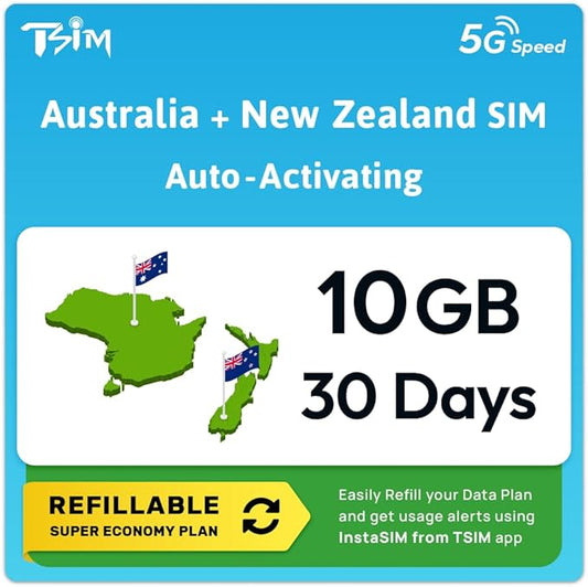 Australia New Zealand SIM Card | 10GB Super Economy Refillable Plan! Auto Activating 30 Day Validity | 5G Speed + Hotspot | Data-Only No Phone Number