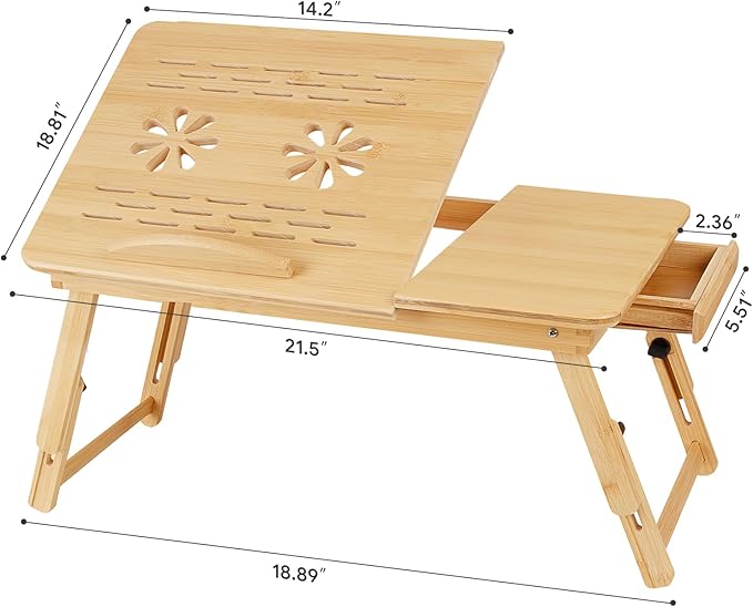 Bamboo Laptop Desk, Folding Adjustable Lap Tray Table with Drawer, Portable Lap Desk for Working, Reading, Breakfast on Sofa, Couch, or Floor