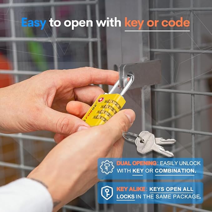 Forge Dual-Opening: Key or Combination Access Lock, TSA Approved Locks for Luggage, Pelican case, Travel, Gym, School, Stainless Steel Shackle.(Yellow, 4 Pk)