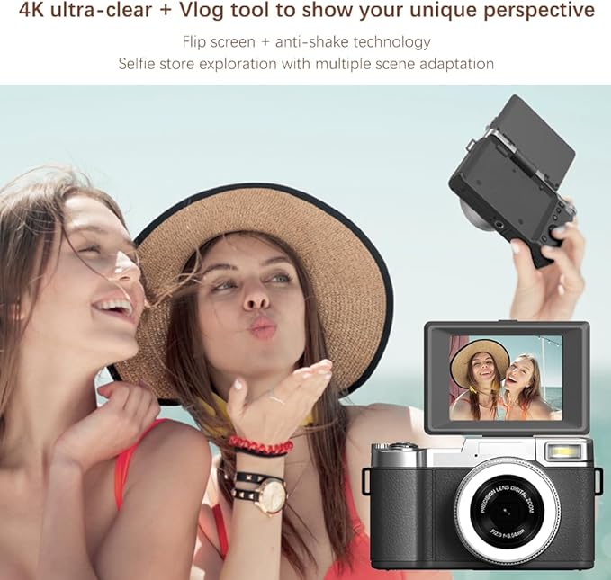 4K Digital Camera for Photography, 48MP Vlogging Camera for YouTube 2.8" 180° Flip Screen 18X Digital Zoom Compact Travel Cameras with 64GB SD Card & Card Reader,Mini Tripod,2 Batteries